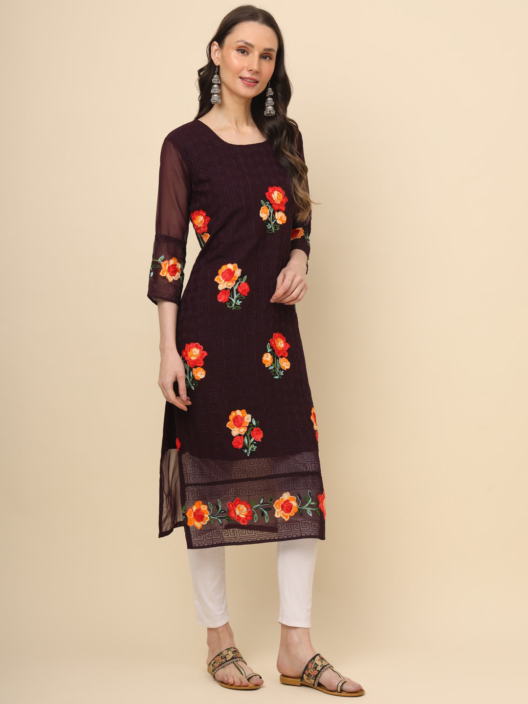 Multi-Thread Embroidered Georgette Long Kurti | Designer Women's Wear