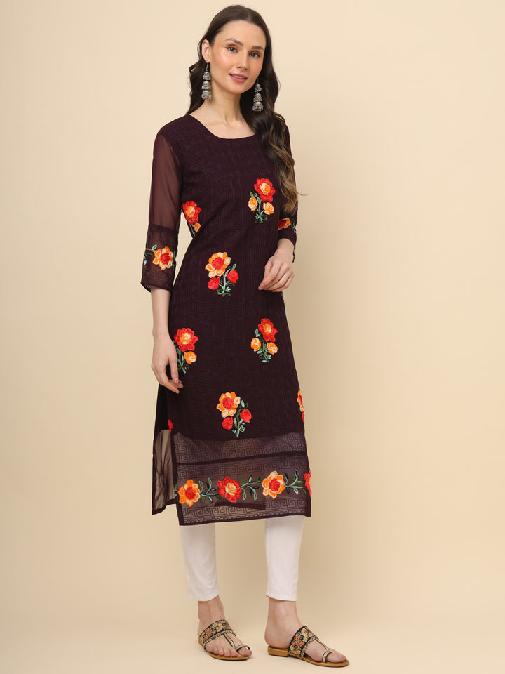 Multi-Thread Embroidered Georgette Long Kurti | Designer Women's Wear
