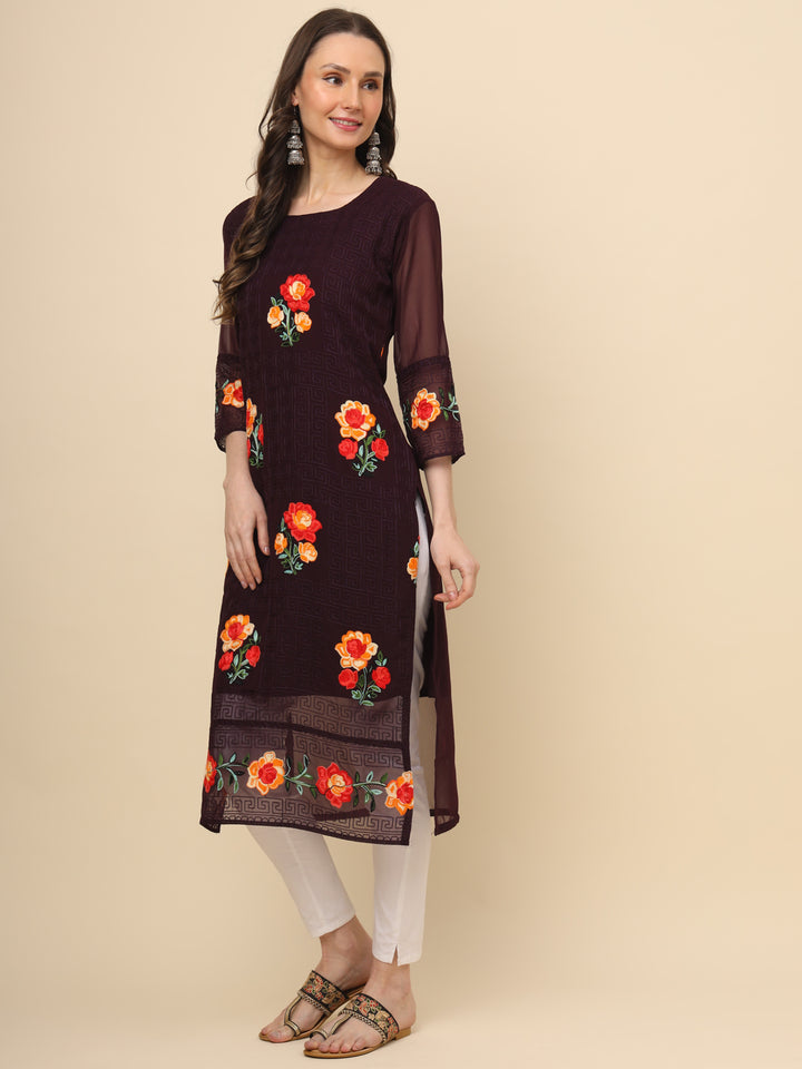 Multi-Thread Embroidered Georgette Long Kurti | Designer Women's Wear