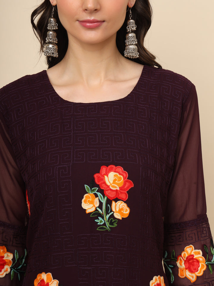 Multi-Thread Embroidered Georgette Long Kurti | Designer Women's Wear