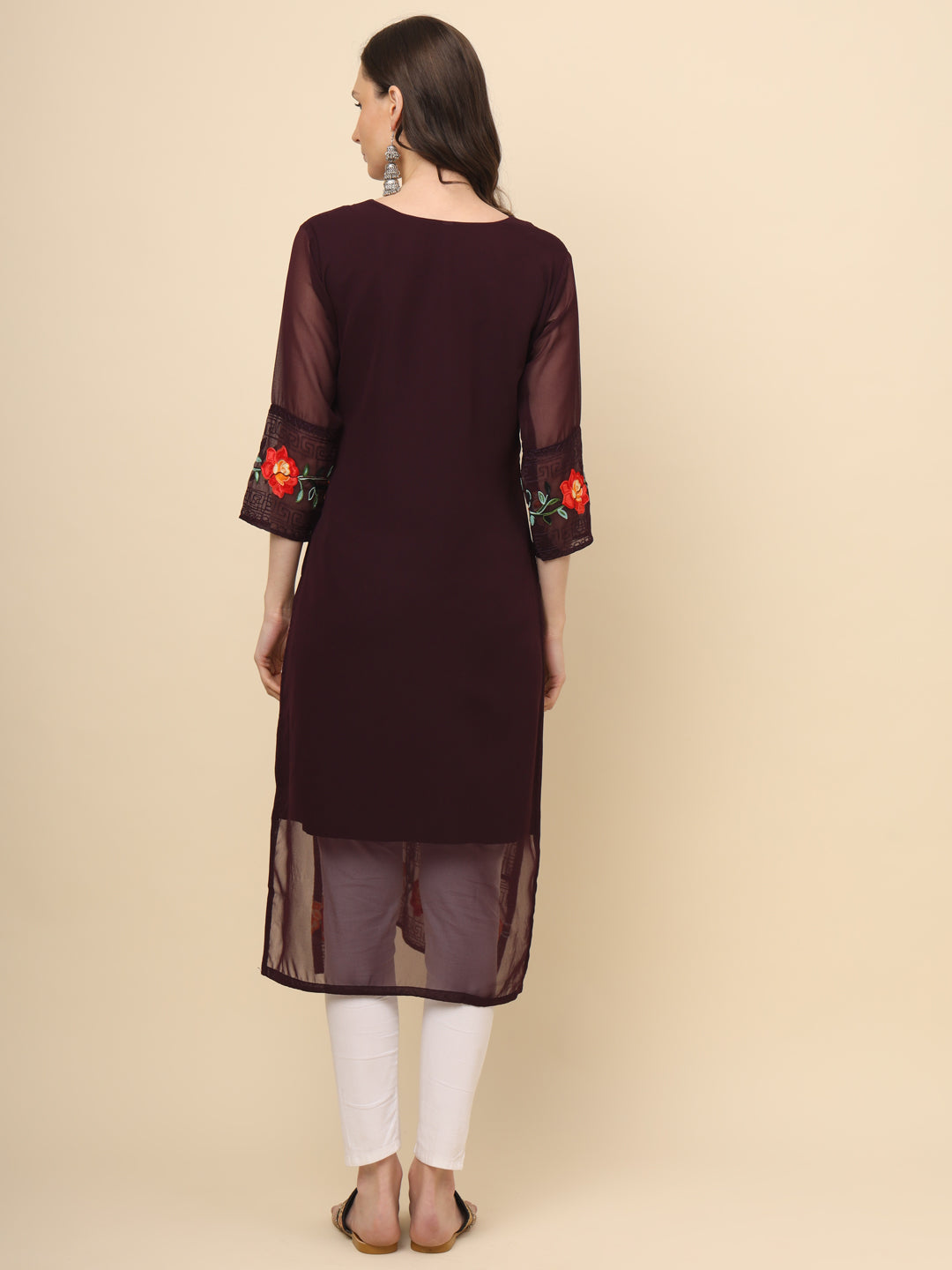 Multi-Thread Embroidered Georgette Long Kurti | Designer Women's Wear