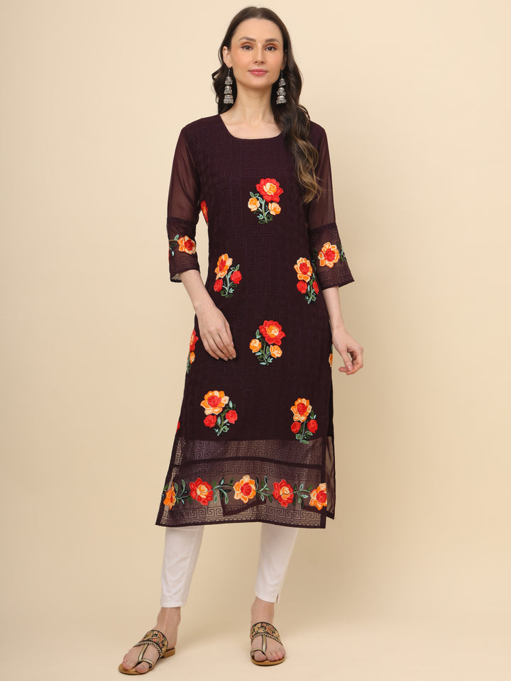 Multi-Thread Embroidered Georgette Long Kurti | Designer Women's Wear