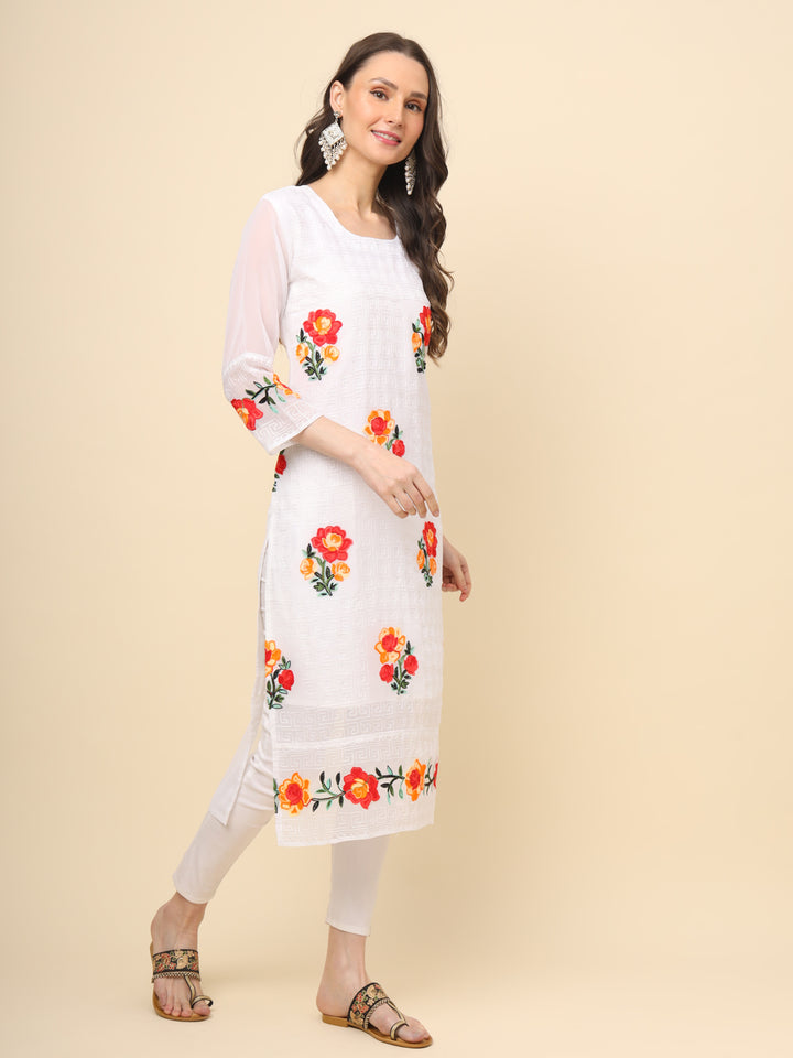 Multi-Thread Embroidered Georgette Long Kurti | Designer Women's Wear