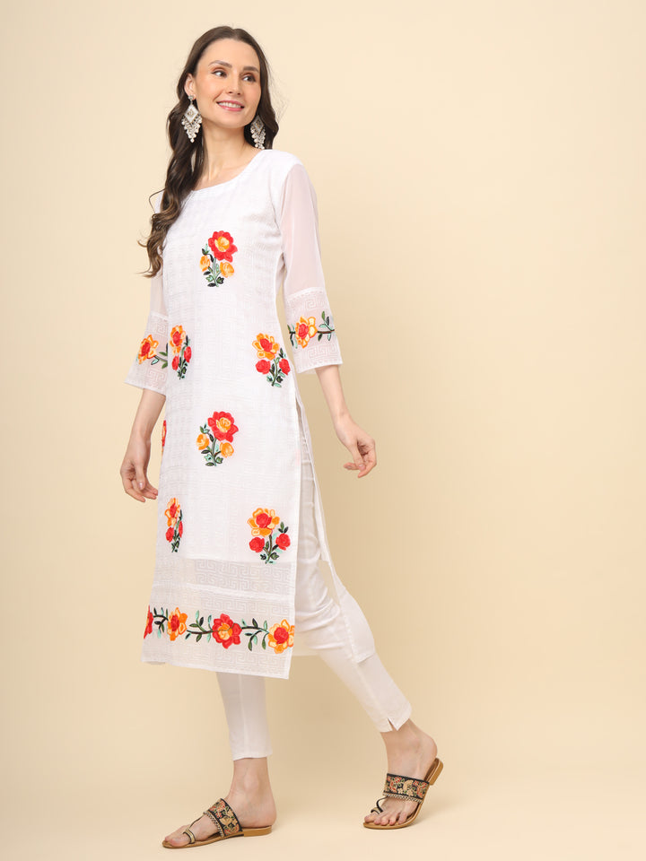 Multi-Thread Embroidered Georgette Long Kurti | Designer Women's Wear