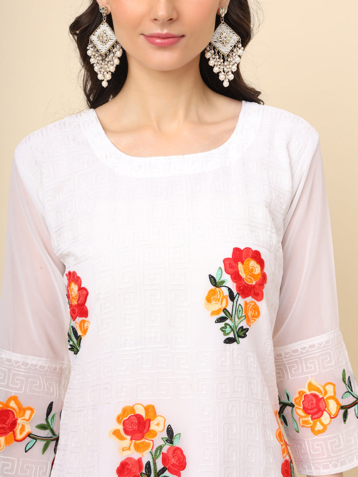 Multi-Thread Embroidered Georgette Long Kurti | Designer Women's Wear