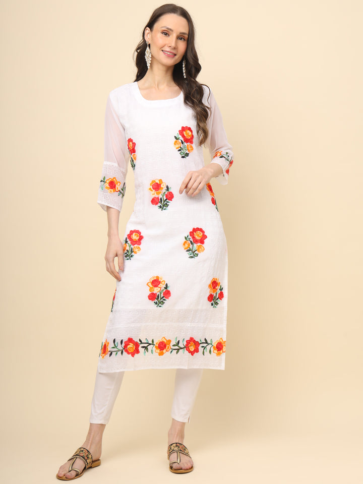 Multi-Thread Embroidered Georgette Long Kurti | Designer Women's Wear