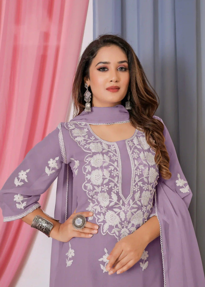 Designer Bamber Georgette Sharara Suit | Embroidered with Matching Dupatta