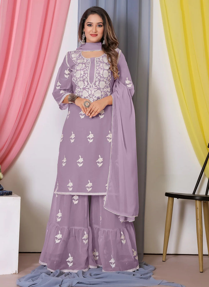 Designer Bamber Georgette Sharara Suit | Embroidered with Matching Dupatta