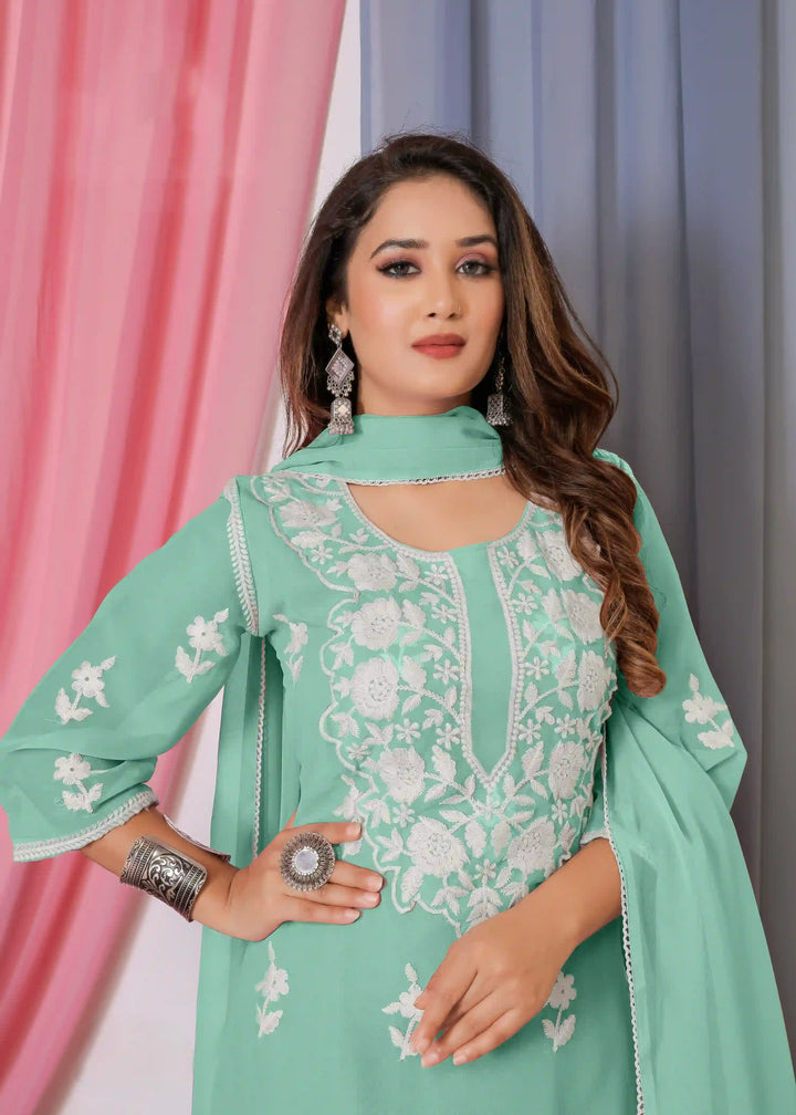 Designer Bamber Georgette Sharara Suit | Embroidered with Matching Dupatta