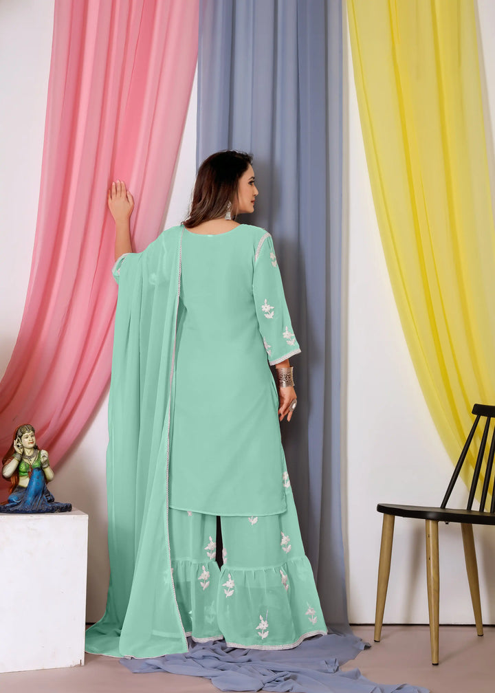 Designer Bamber Georgette Sharara Suit | Embroidered with Matching Dupatta