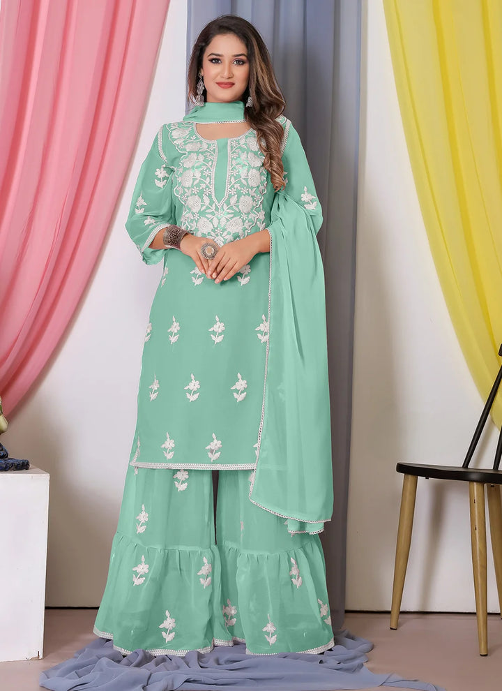 Designer Bamber Georgette Sharara Suit | Embroidered with Matching Dupatta
