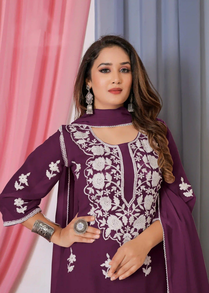 Elegant Sharara Suit | Designer Cotton Thread Embroidered Set with Dupatta