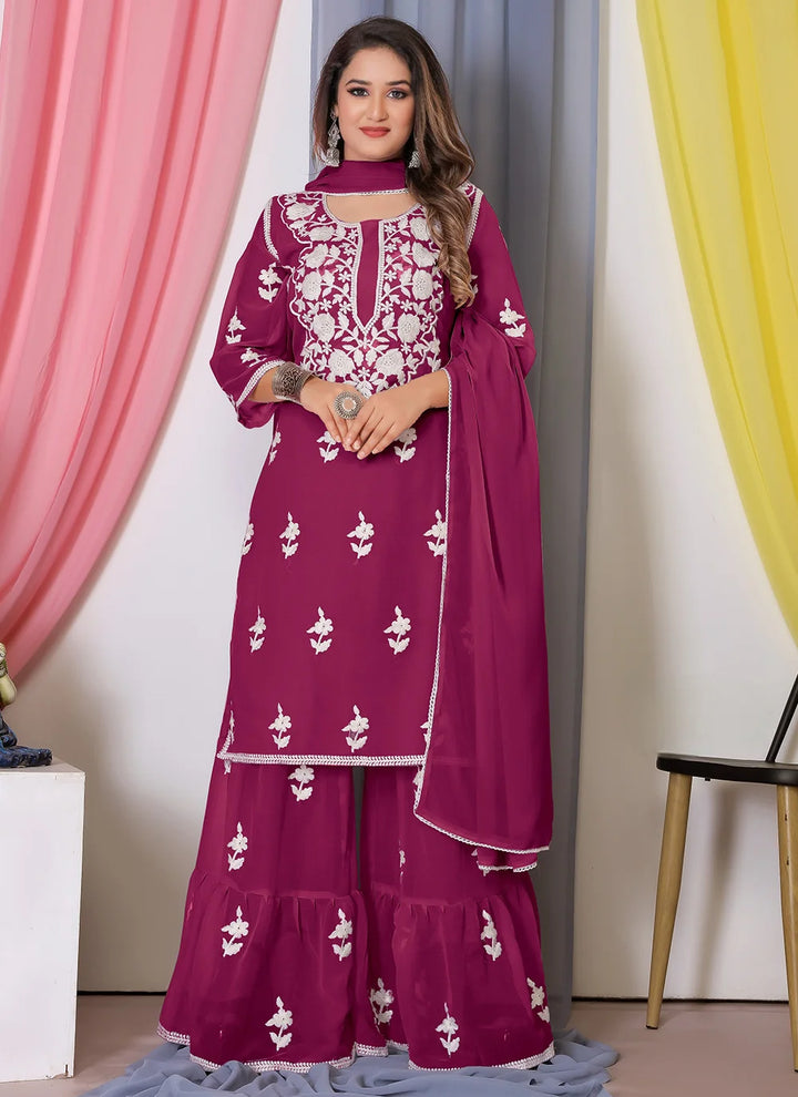 Elegant Sharara Suit | Designer Cotton Thread Embroidered Set with Dupatta
