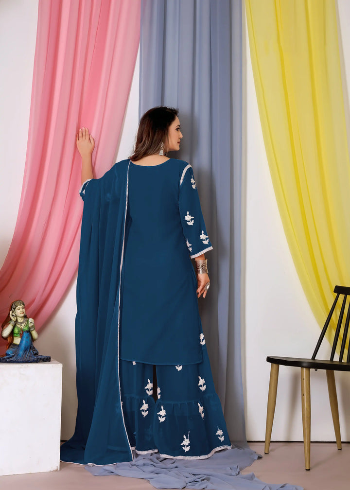 Elegant Sharara Suit | Designer Cotton Thread Embroidered Set with Dupatta