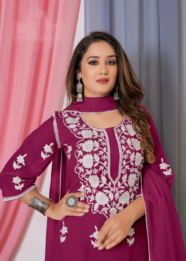 Elegant Sharara Suit | Designer Cotton Thread Embroidered Set with Dupatta