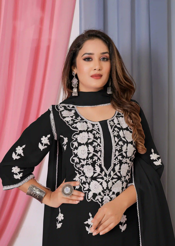 Elegant Sharara Suit | Designer Cotton Thread Embroidered Set with Dupatta