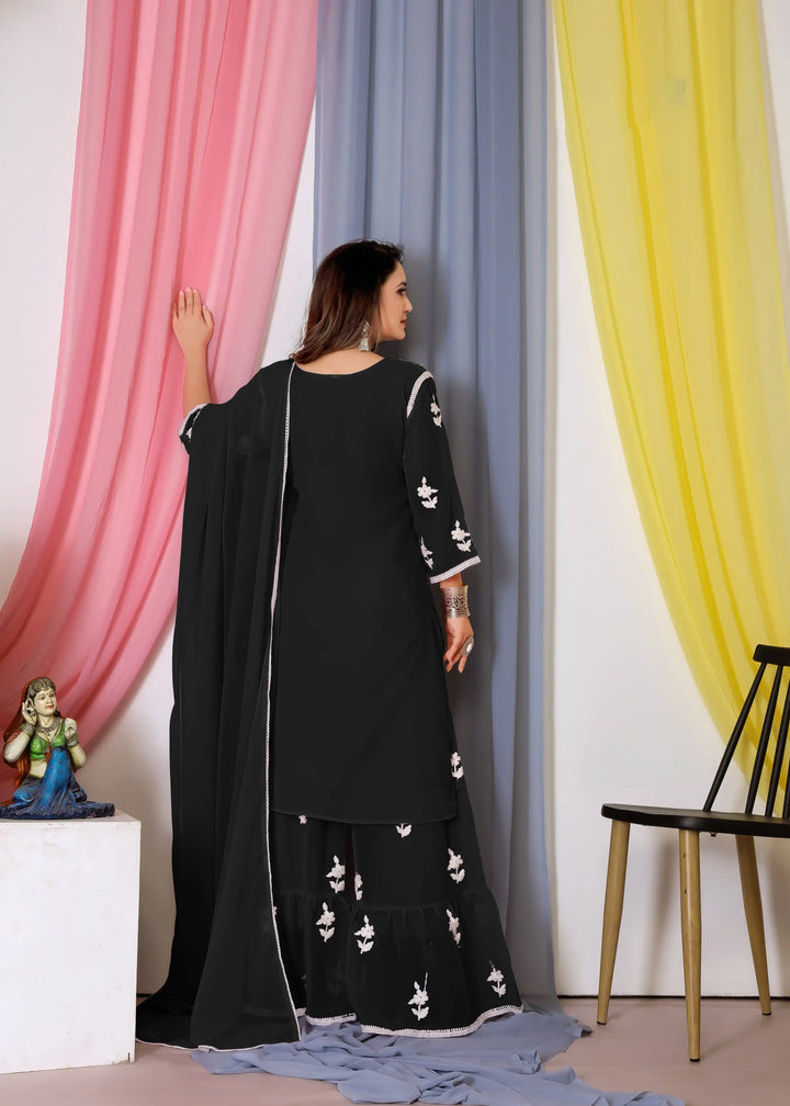 Elegant Sharara Suit | Designer Cotton Thread Embroidered Set with Dupatta