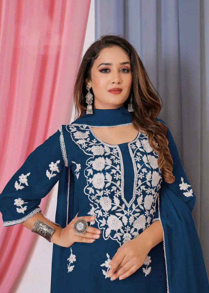 Elegant Sharara Suit | Designer Cotton Thread Embroidered Set with Dupatta