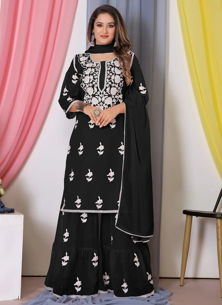 Elegant Sharara Suit | Designer Cotton Thread Embroidered Set with Dupatta