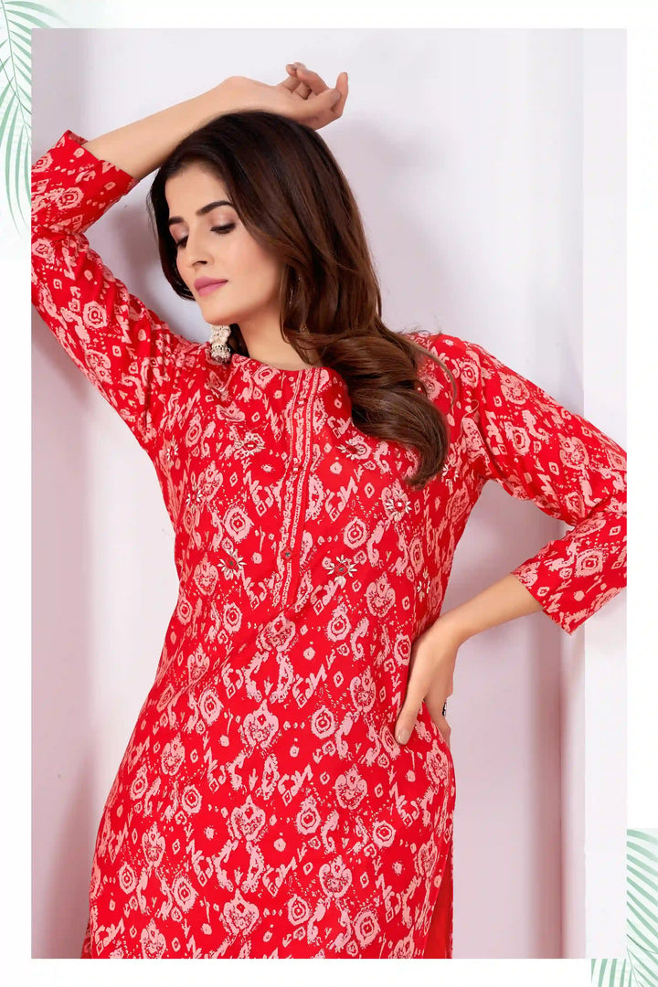 Red Printed Rayon Kurti & Bottom Set | Women's Elegant Wear