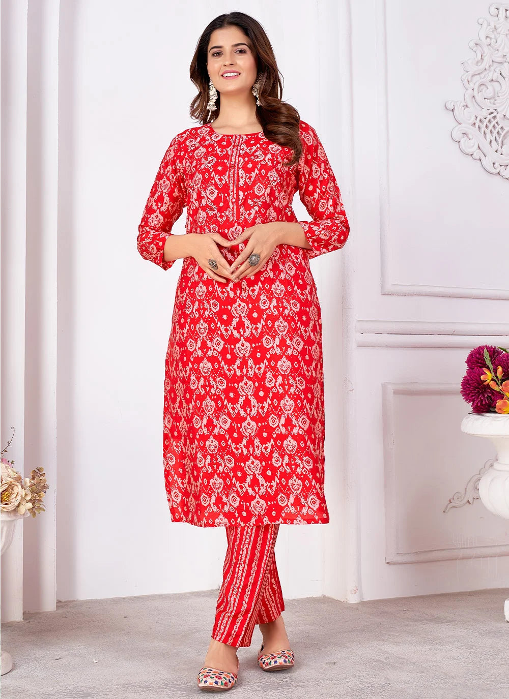Red Printed Rayon Kurti & Bottom Set | Women's Elegant Wear
