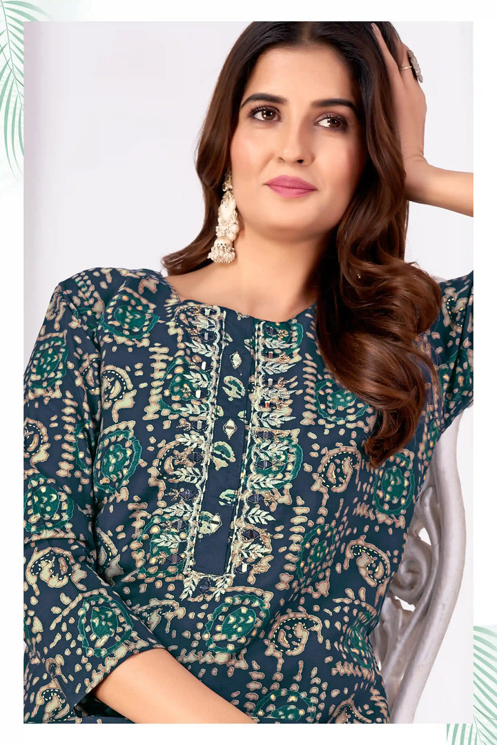 Stylish Printed Rayon Kurti & Bottom Set | Hand Work Women's Wear