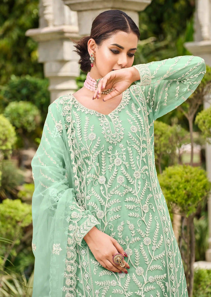 Elegant Butterfly Net Satin Palazzo Suit | Designer Embroidery & Stone Work