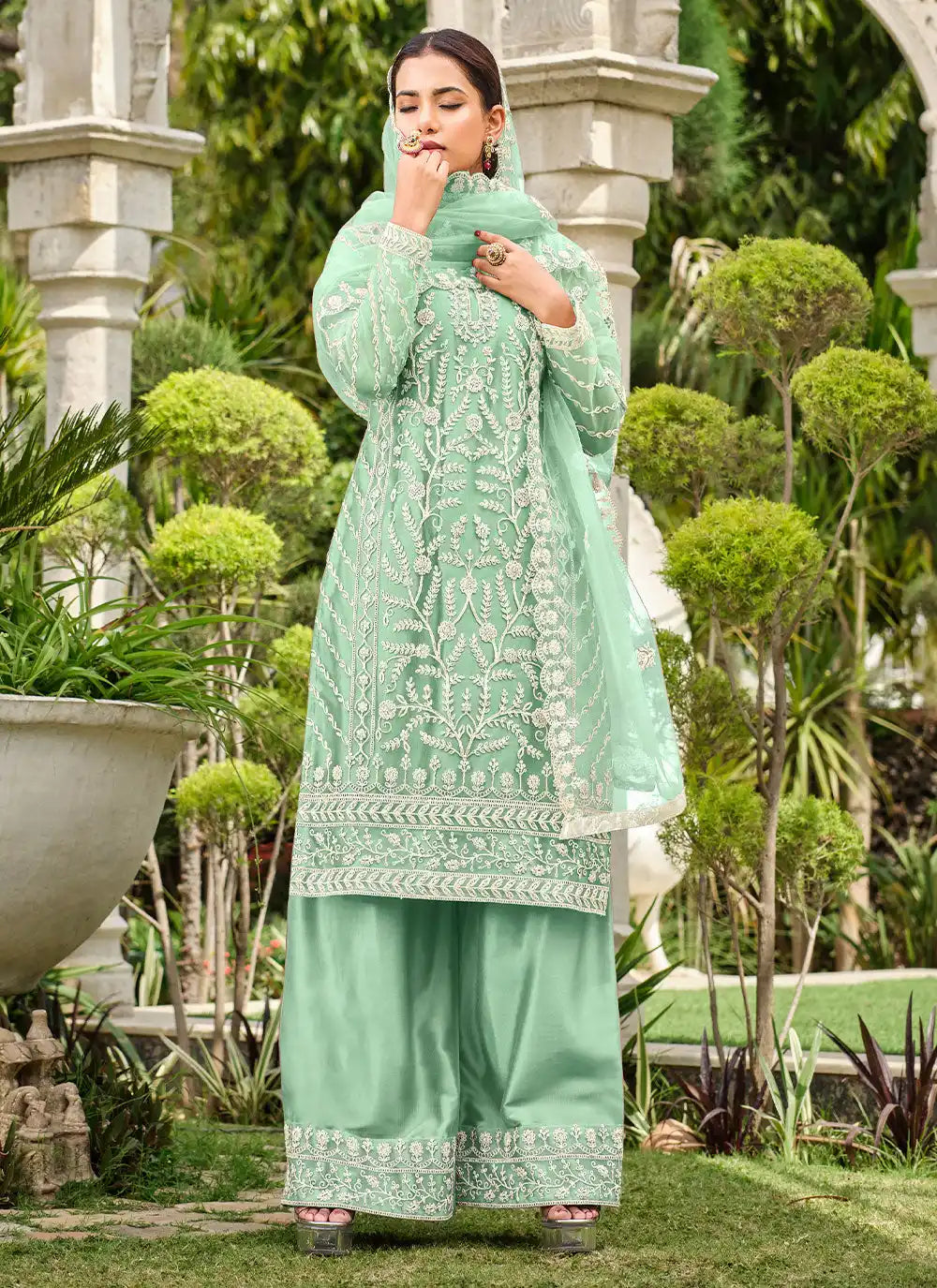 Elegant Butterfly Net Satin Palazzo Suit | Designer Embroidery & Stone Work