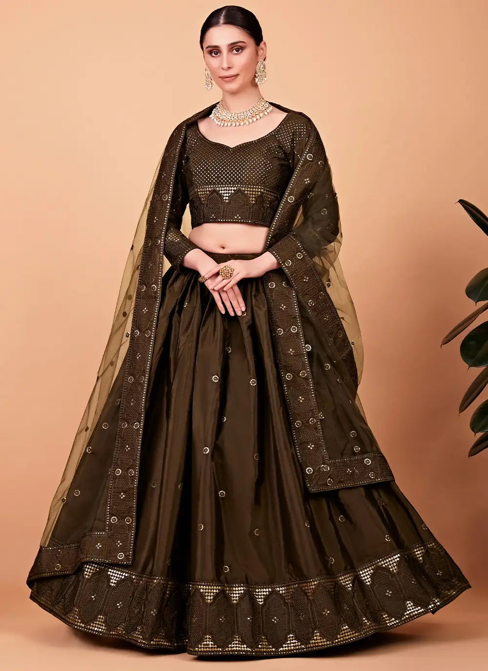 Elegant Mehendi Tebi Silk Lehenga with Mehendi Dupatta | A Stylish and Sophisticated Choice