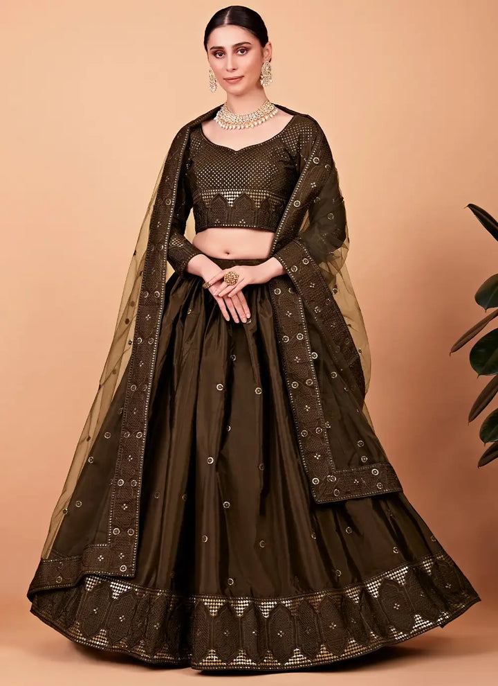 Elegant Mehendi Tebi Silk Lehenga with Mehendi Dupatta | A Stylish and Sophisticated Choice