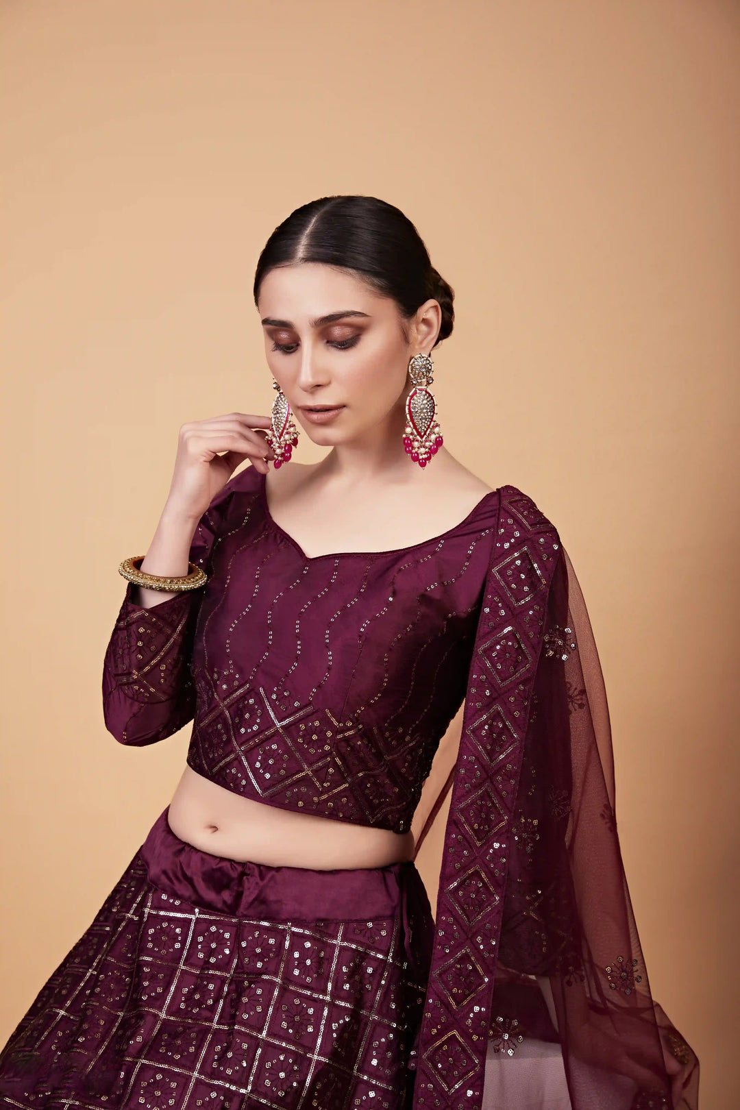 Radiant Wine Tebi Silk Lehenga with Wine Dupatta | Elegance Redefined for Brides