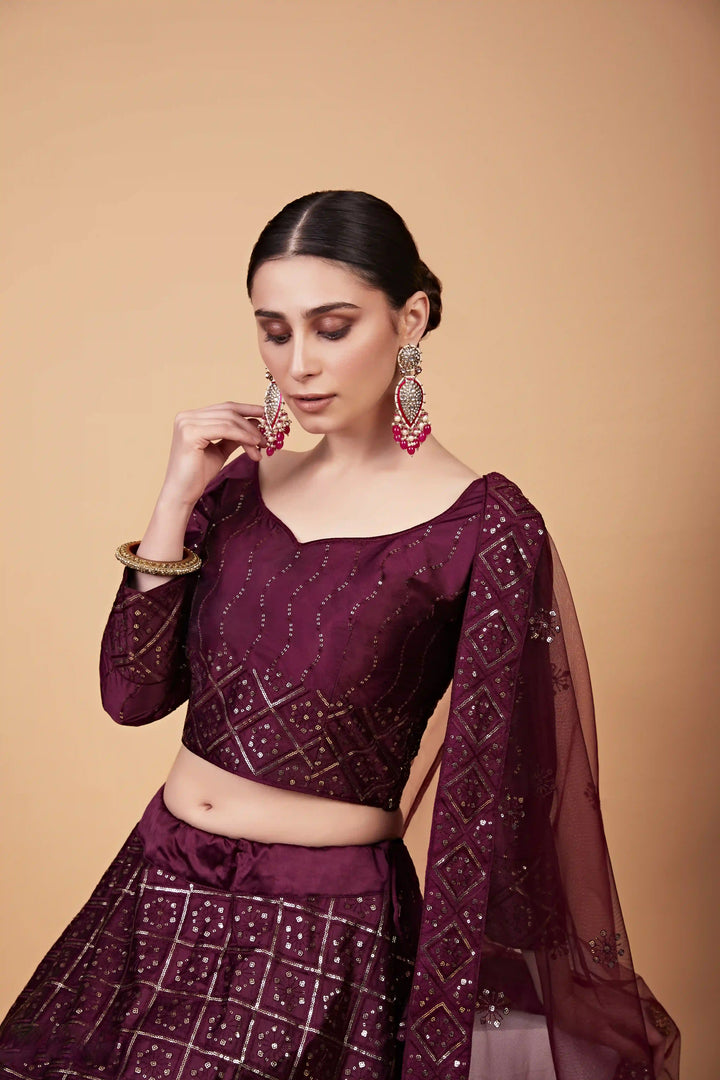 Radiant Wine Tebi Silk Lehenga with Wine Dupatta | Elegance Redefined for Brides
