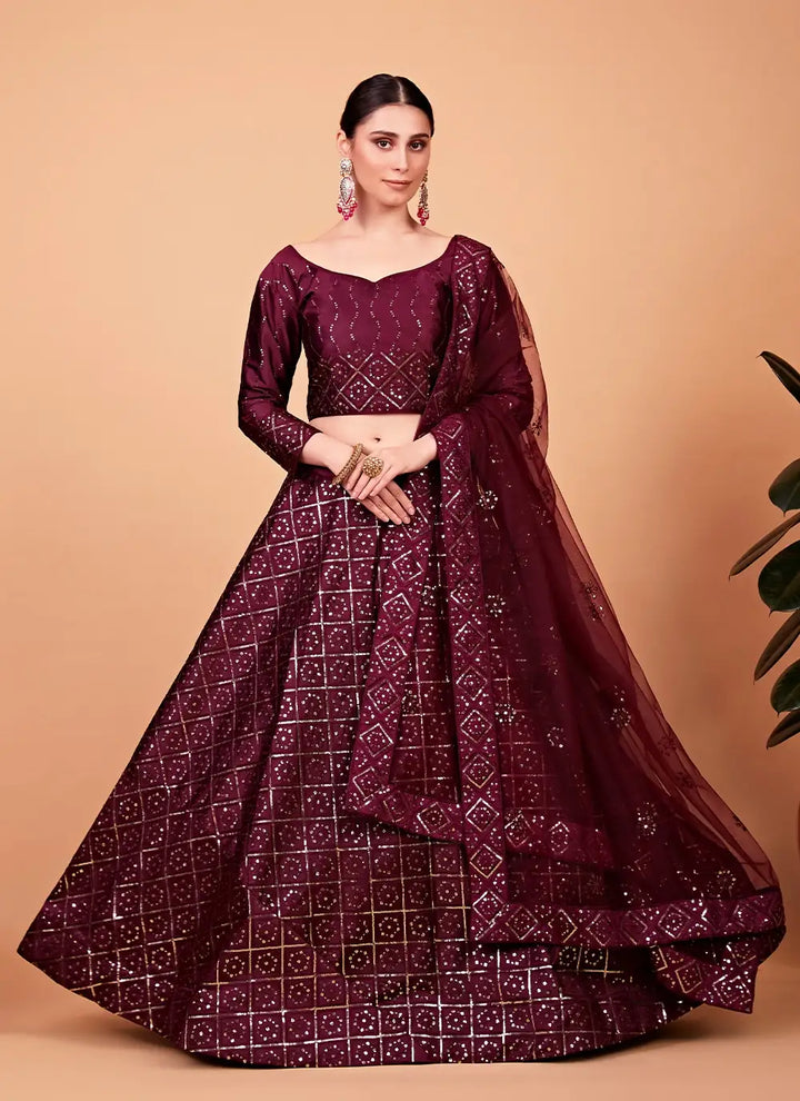 Radiant Wine Tebi Silk Lehenga with Wine Dupatta | Elegance Redefined for Brides