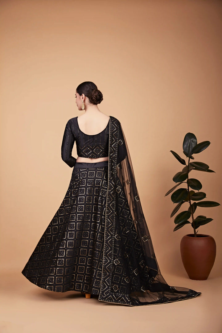 Elegant Black Tebi Silk Lehenga with Black Dupatta | A Stylish and Sophisticated Choice