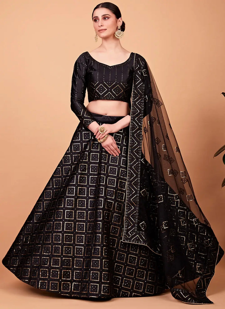 Elegant Black Tebi Silk Lehenga with Black Dupatta | A Stylish and Sophisticated Choice