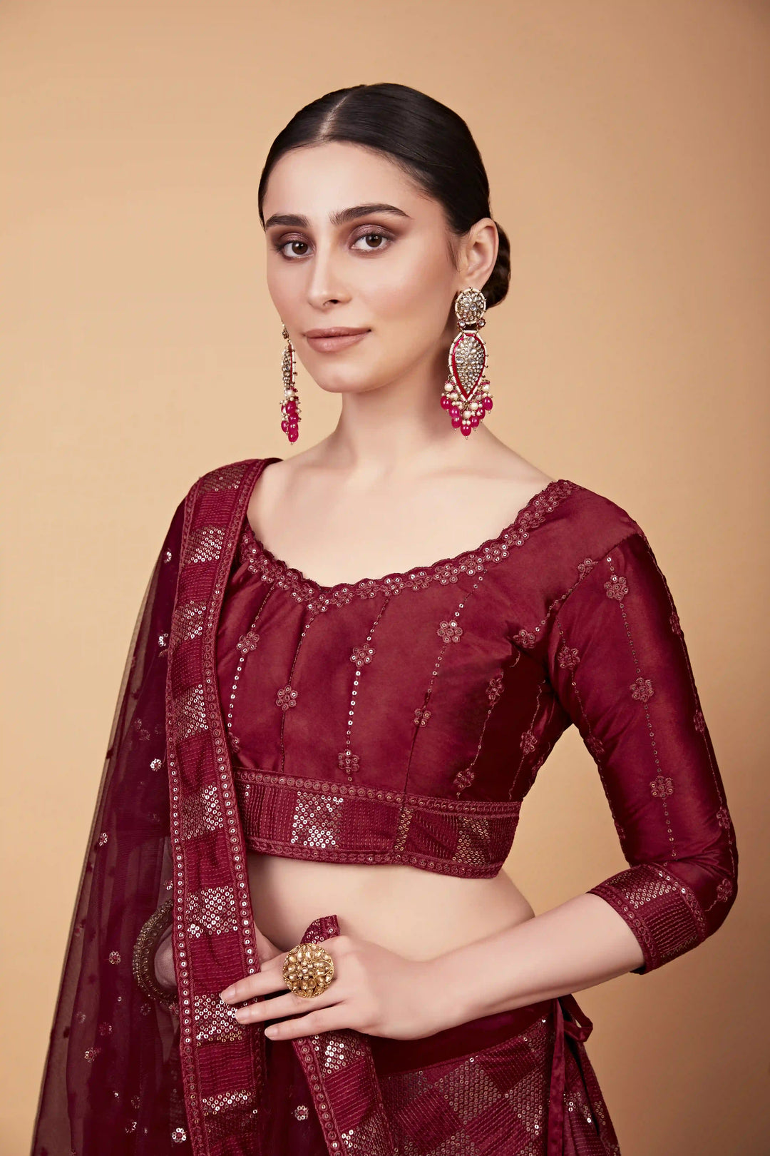 Sophisticated Red Tebi Silk Lehenga with Red Dupatta | A Captivating Traditional Ensemble