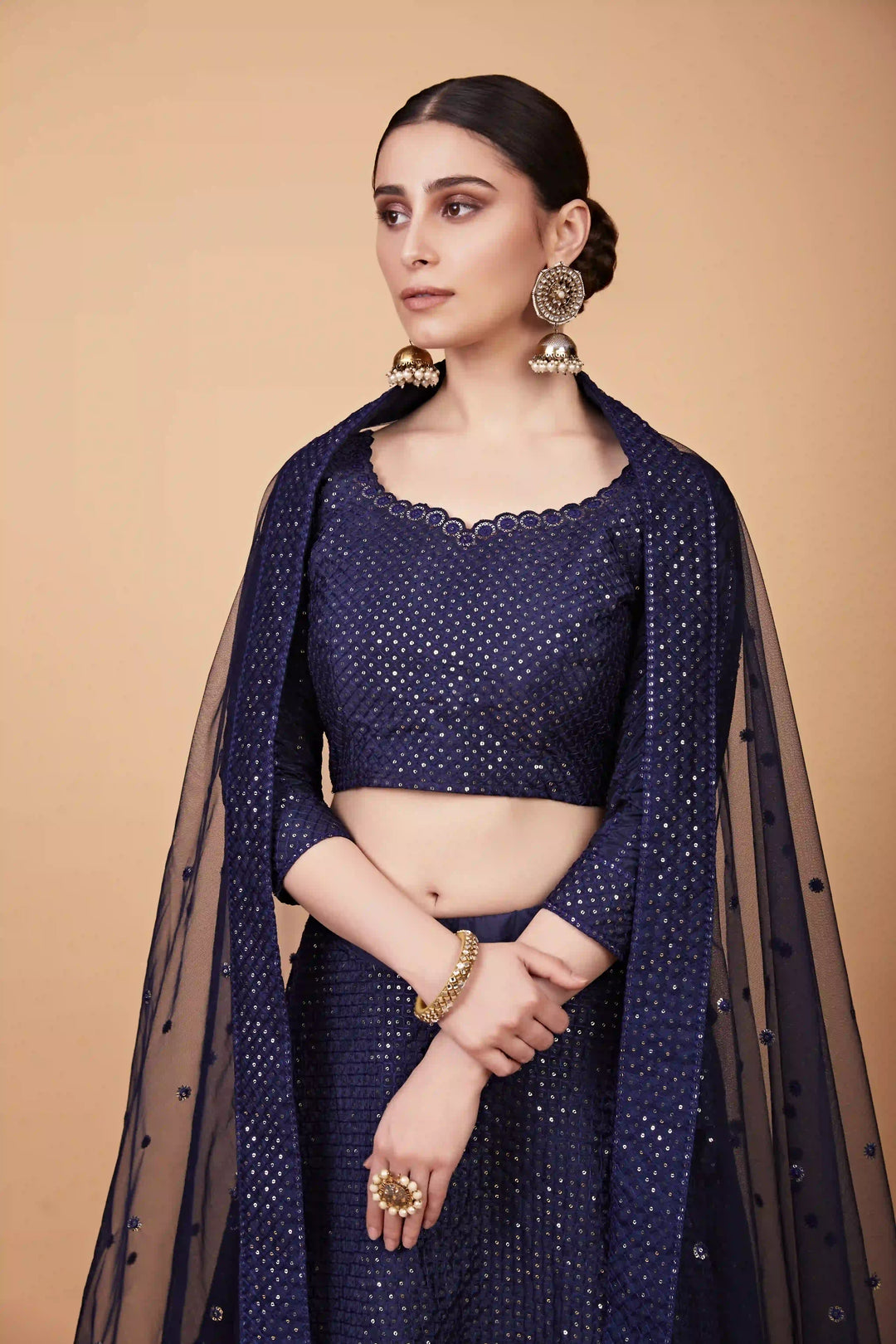 Traditional Navy Blue Lehenga | Tebi Silk & Ton To Ton Thread Embroidery