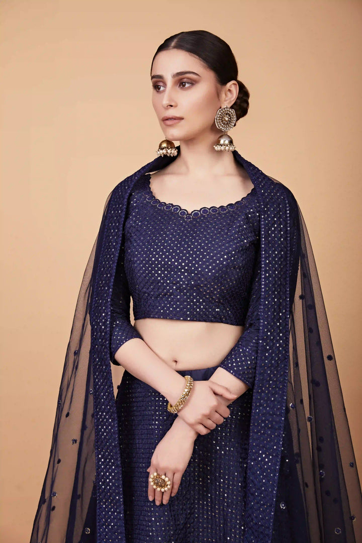 Traditional Navy Blue Lehenga | Tebi Silk & Ton To Ton Thread Embroidery