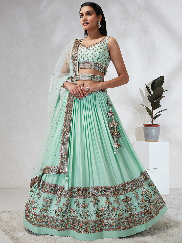 Stunning Sea Green Georgette Lehenga with Sea Green Dupatta | A Stylish and Sophisticated Choice