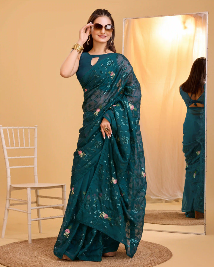 Organza Saree with Art-Silk Blouse | Sequined Embroidery for Special Events