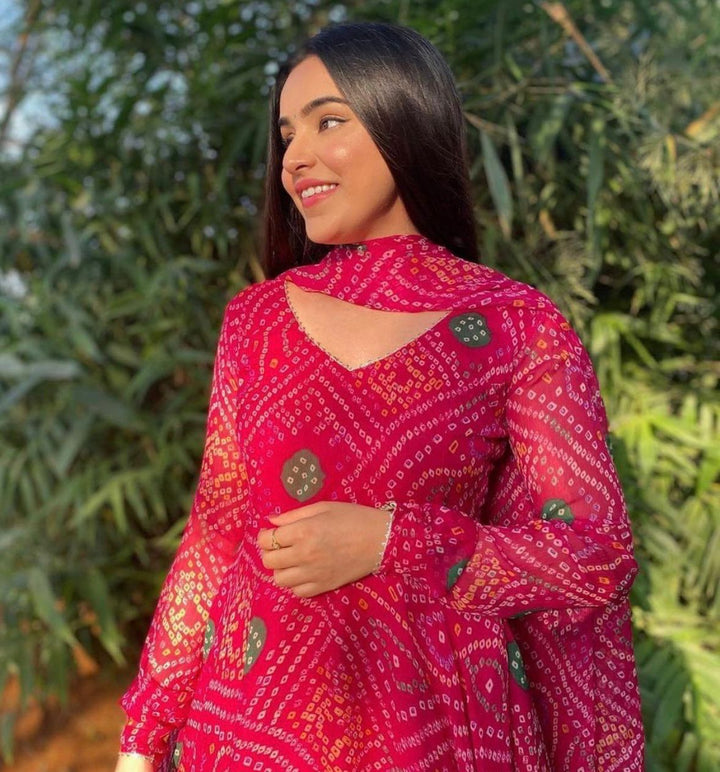 Pink Bandhani Anarkali Long Kurti | Georgette with Dupatta