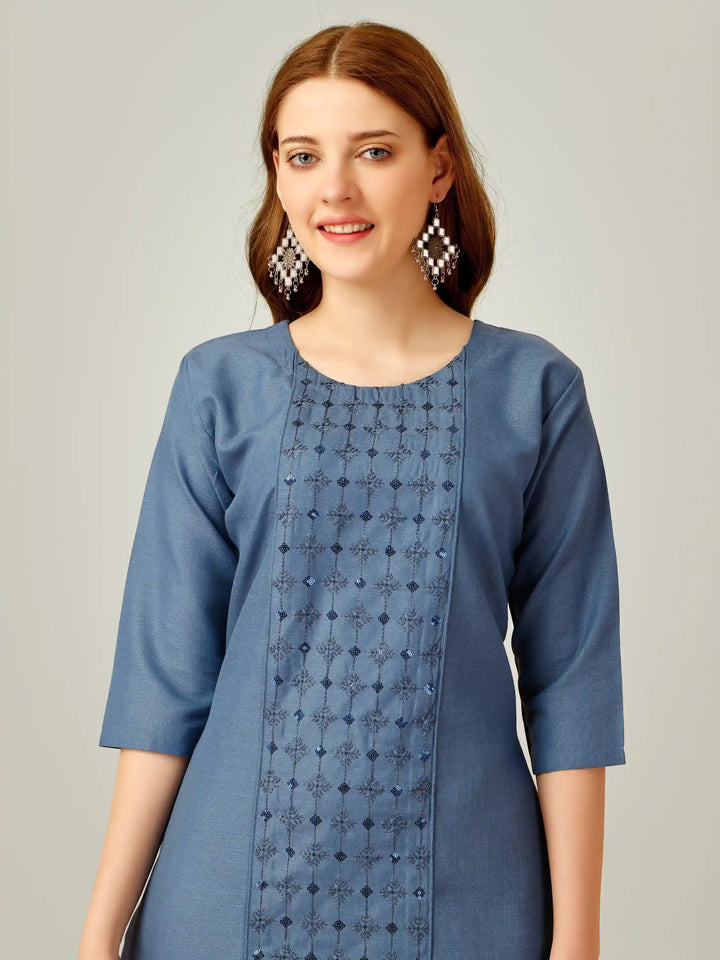 Cotton Magic Slub Kurti Set | Sequins & Thread Embroidery Work