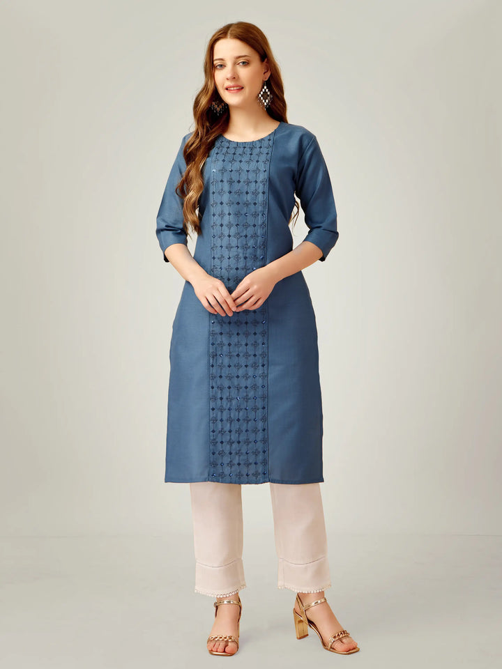 Cotton Magic Slub Kurti Set | Sequins & Thread Embroidery Work