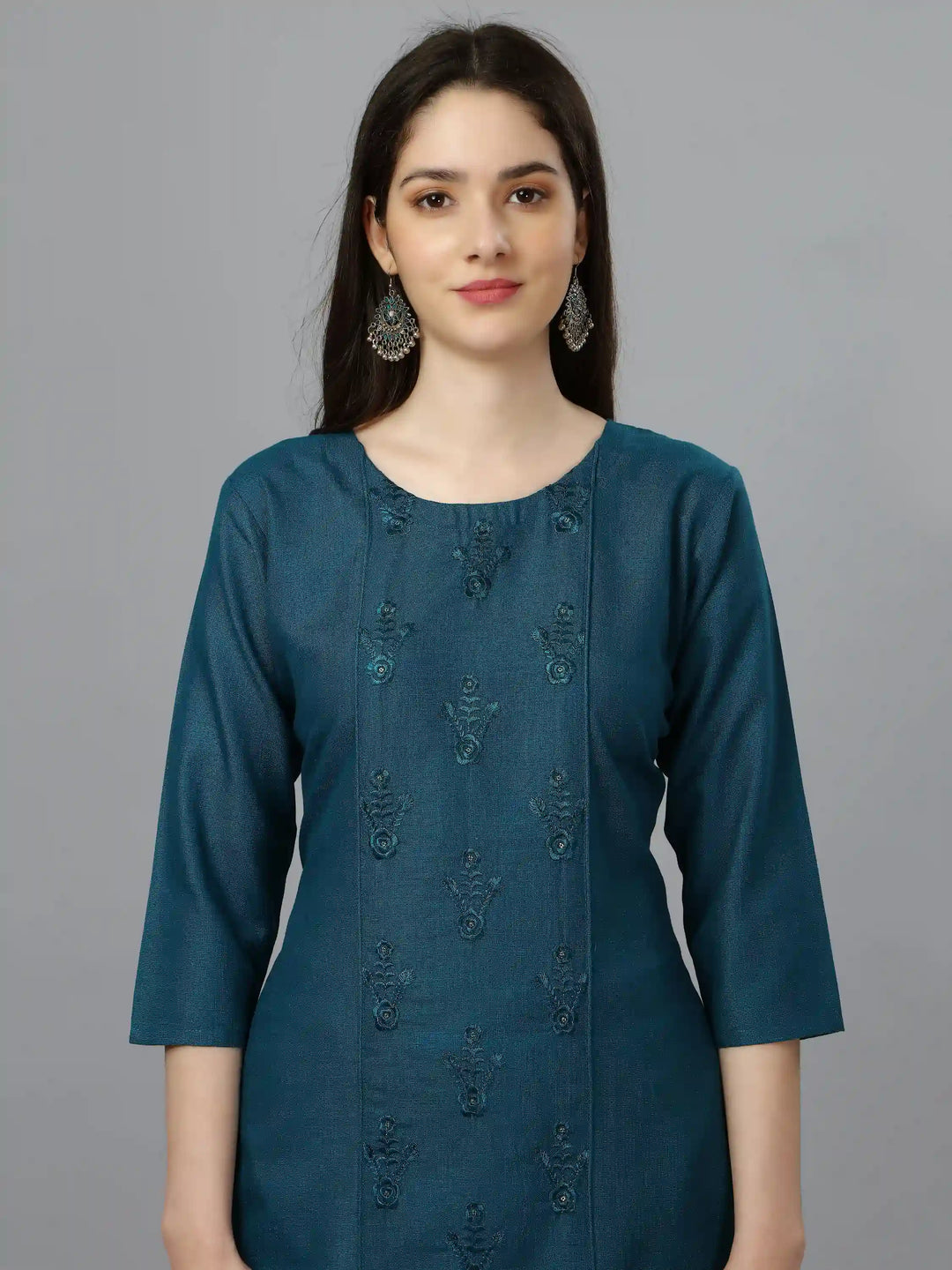Teal Blue Cotton Magic Slub Kurti | Intricate Designer Embroidery