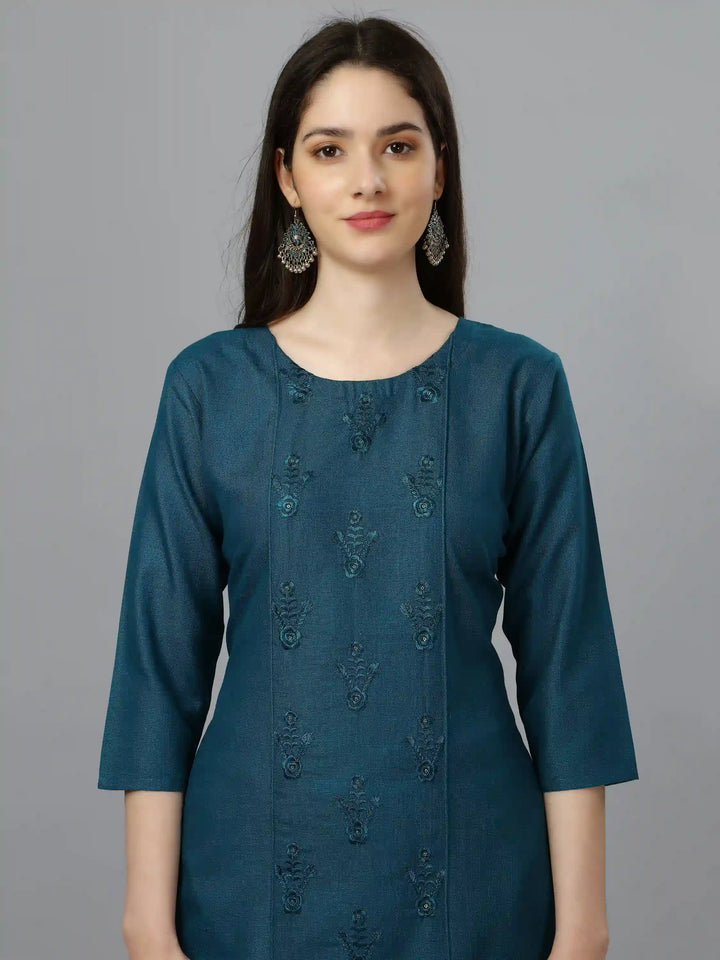 Teal Blue Cotton Magic Slub Kurti | Intricate Designer Embroidery
