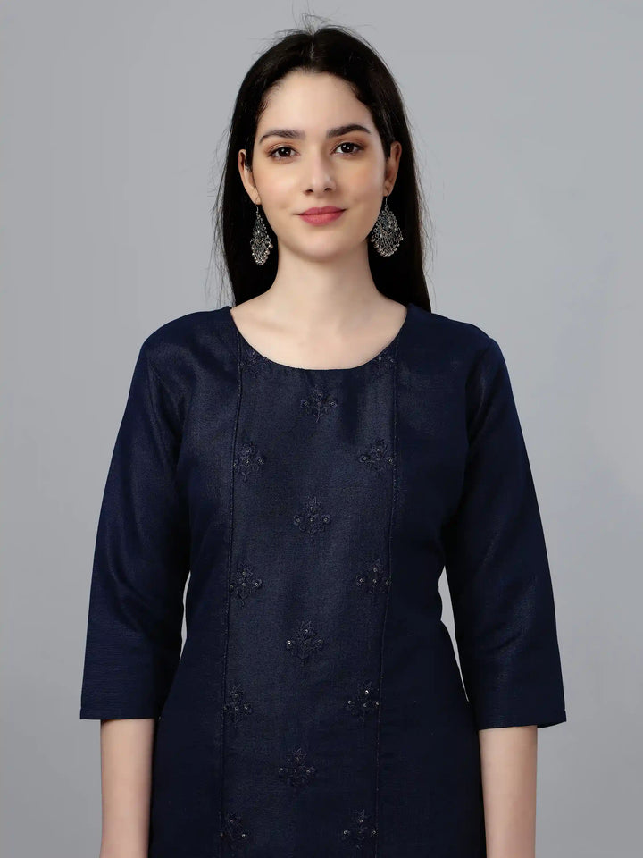 Navy Blue Cotton Magic Slub Straight Kurti | Designer Embroidery Work