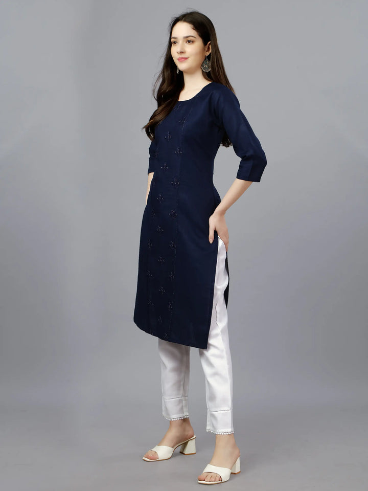 Navy Blue Cotton Magic Slub Straight Kurti | Designer Embroidery Work