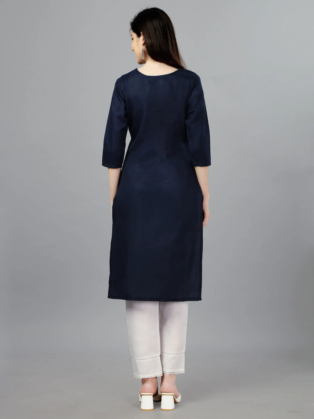 Navy Blue Cotton Magic Slub Straight Kurti | Designer Embroidery Work