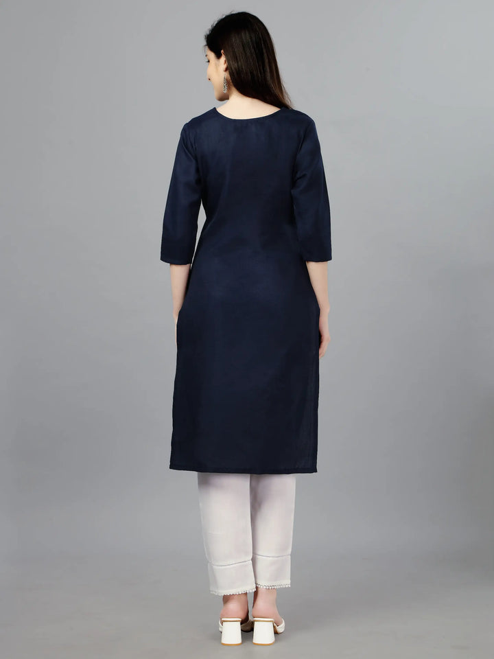 Navy Blue Cotton Magic Slub Straight Kurti | Designer Embroidery Work