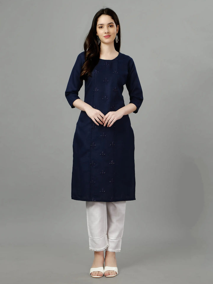 Navy Blue Cotton Magic Slub Straight Kurti | Designer Embroidery Work
